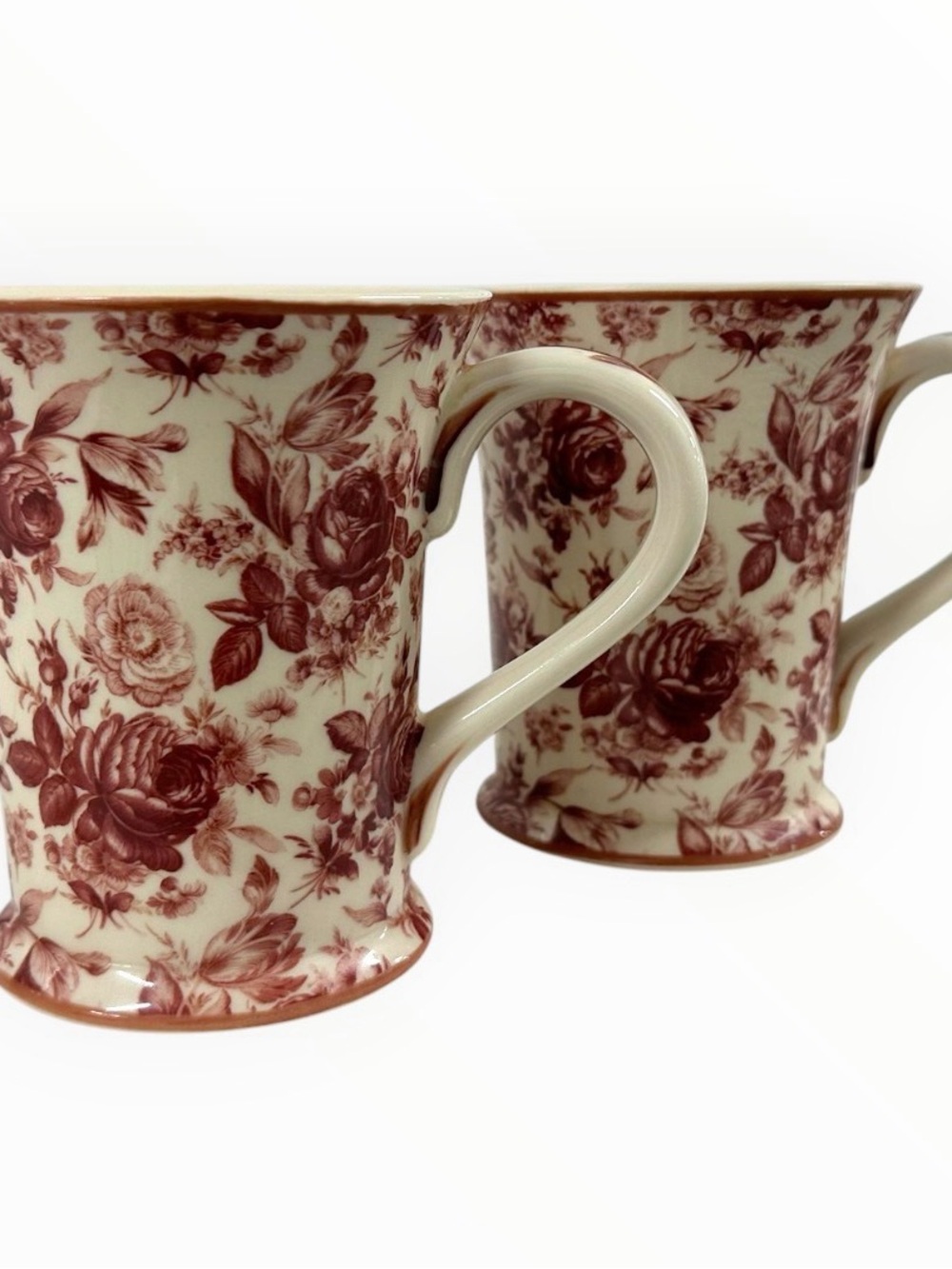 Harry & David Floral Toile Coffee Mugs Set of 2 Red Cream Ceramic China - Picture 6 of 11